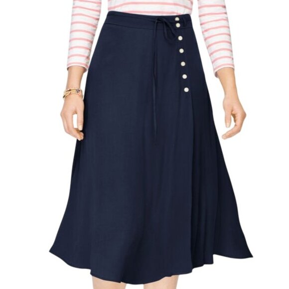 Talbots Dresses & Skirts - Talbots NEW Lightweight Navy Faux Wrap Side Button Midi Skirt 10P Smooth Waist